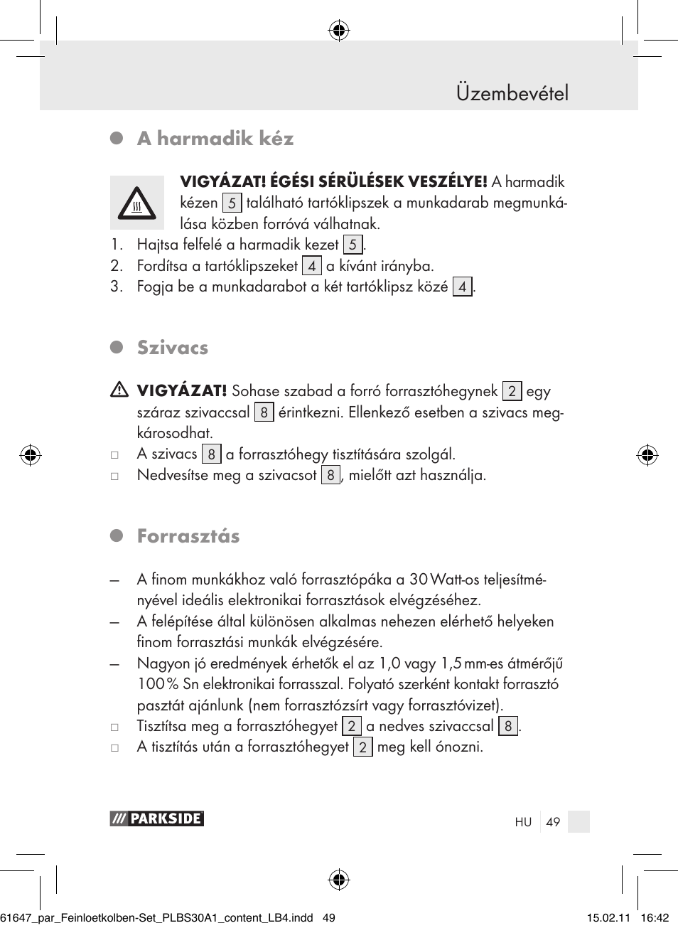 Üzembevétel az üzembevétel előtt / üzembevétel, A harmadik kéz, Szivacs | Forrasztás | Parkside PLBS 30 A1 User Manual | Page 48 / 121