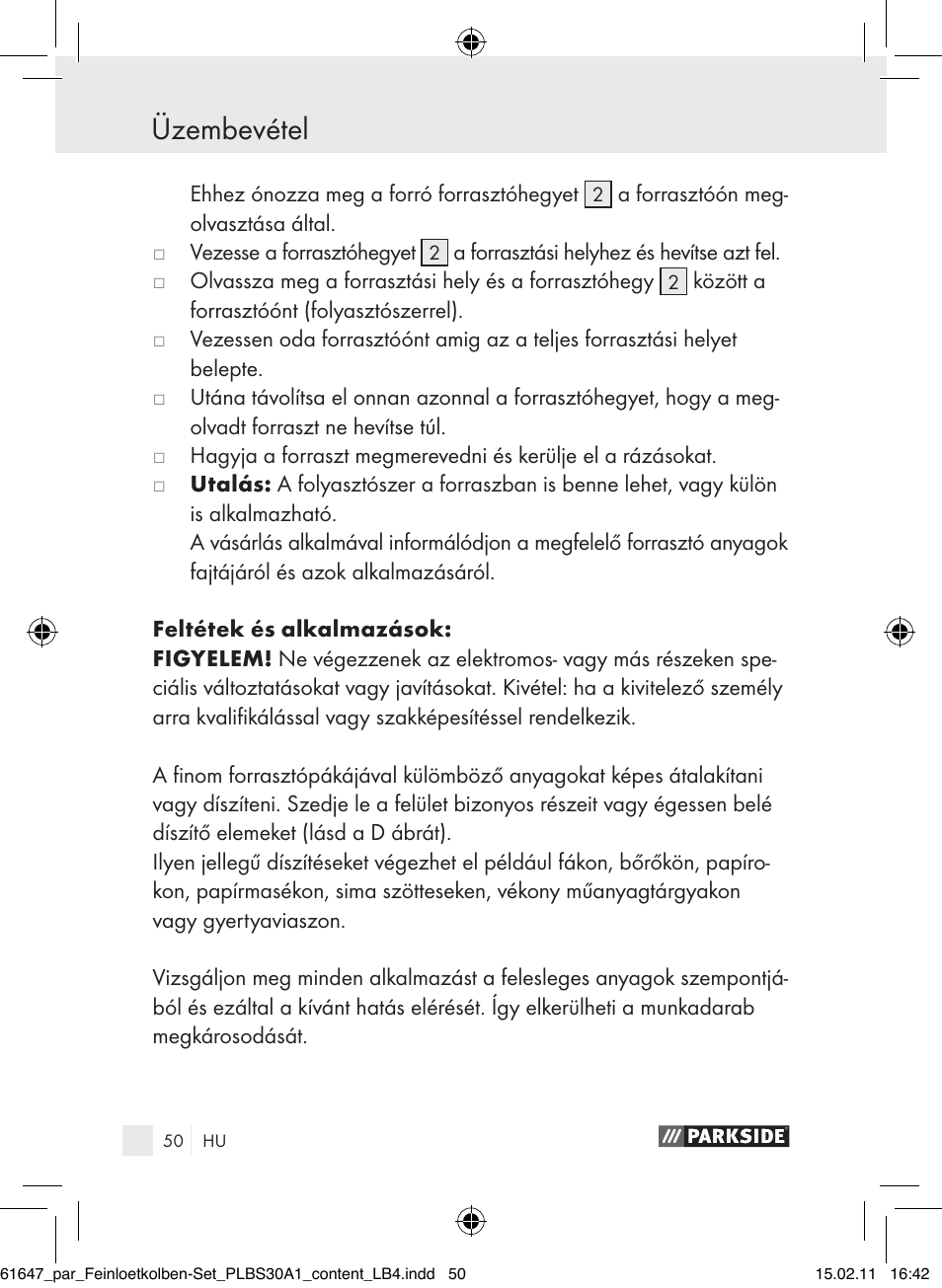 Üzembevétel | Parkside PLBS 30 A1 User Manual | Page 49 / 121