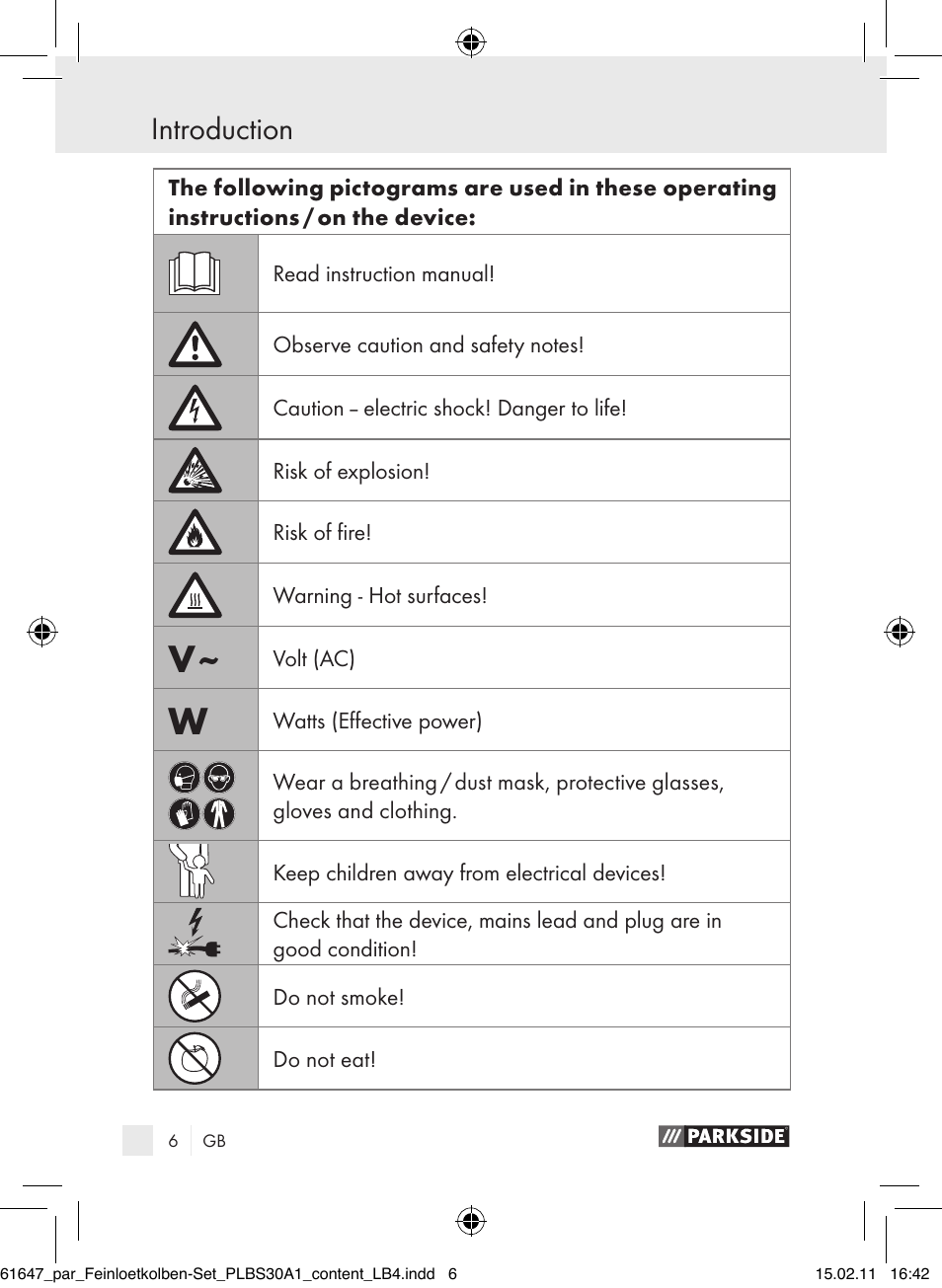 Introduction | Parkside PLBS 30 A1 User Manual | Page 5 / 121