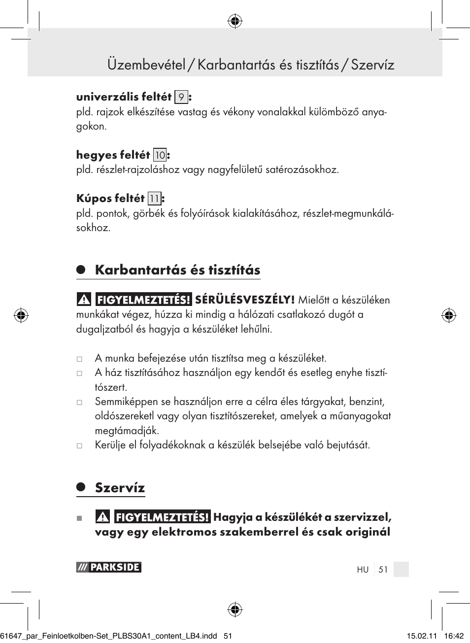 Üzembevétel / karbantartás és tisztítás / szervíz, Karbantartás és tisztítás, Szervíz | Parkside PLBS 30 A1 User Manual | Page 50 / 121