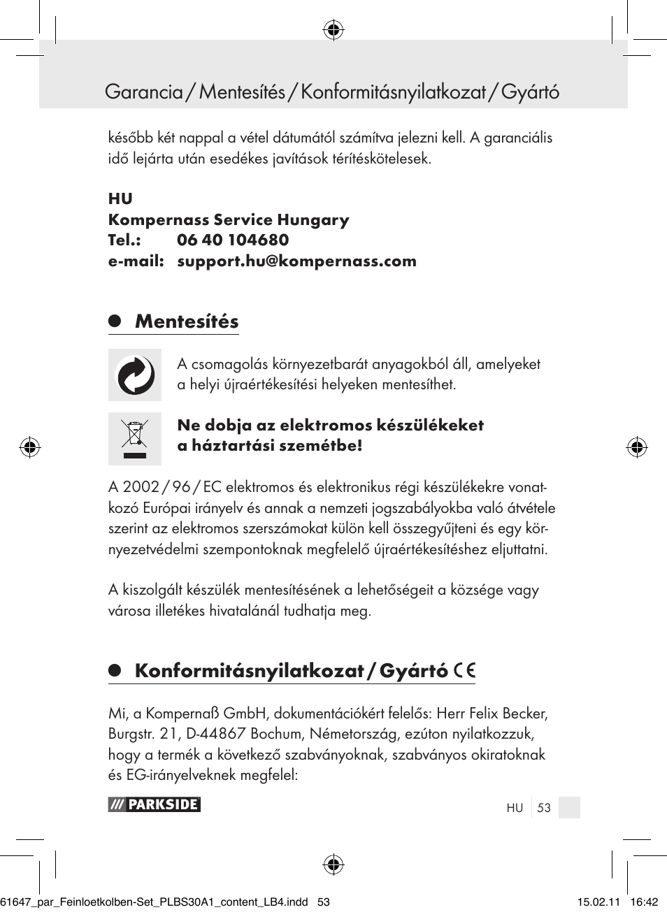 Mentesítés, Konformitásnyilatkozat / gyártó | Parkside PLBS 30 A1 User Manual | Page 52 / 121