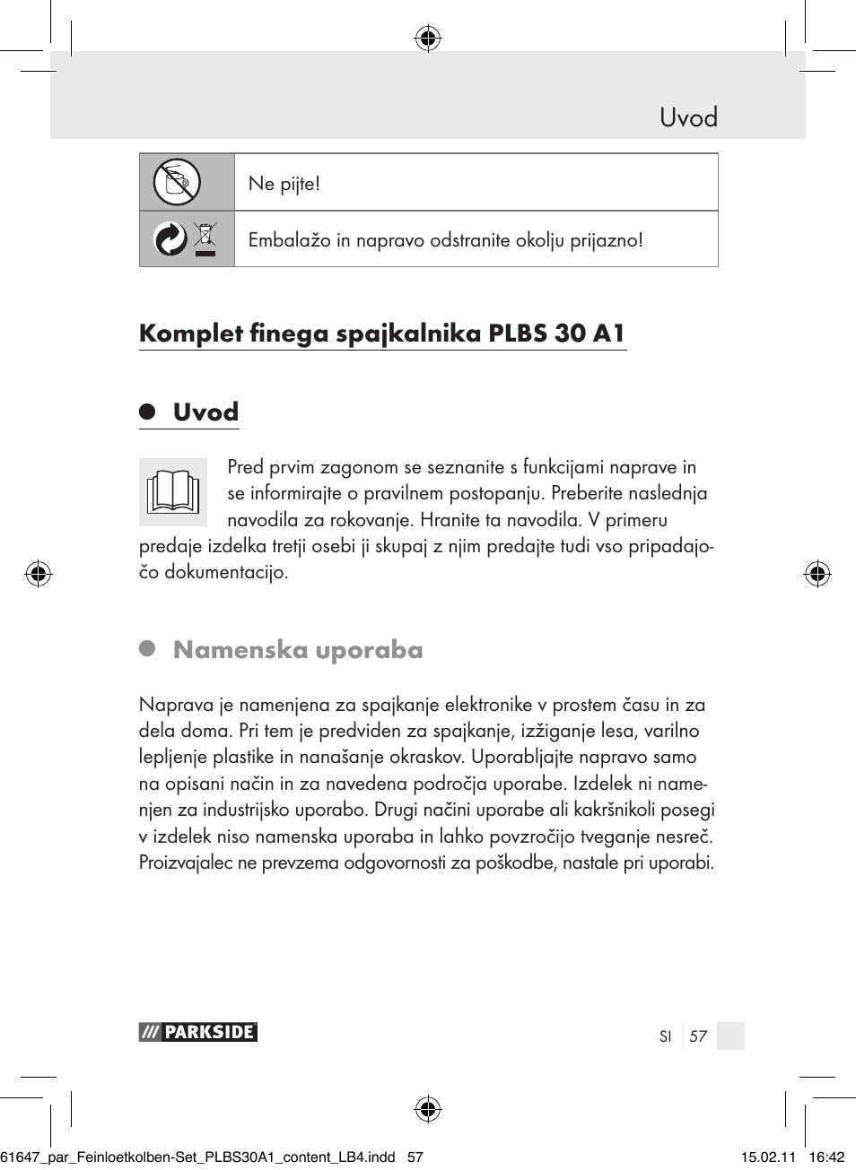 Uvod, Komplet finega spajkalnika plbs 30 a1, Namenska uporaba | Parkside PLBS 30 A1 User Manual | Page 56 / 121