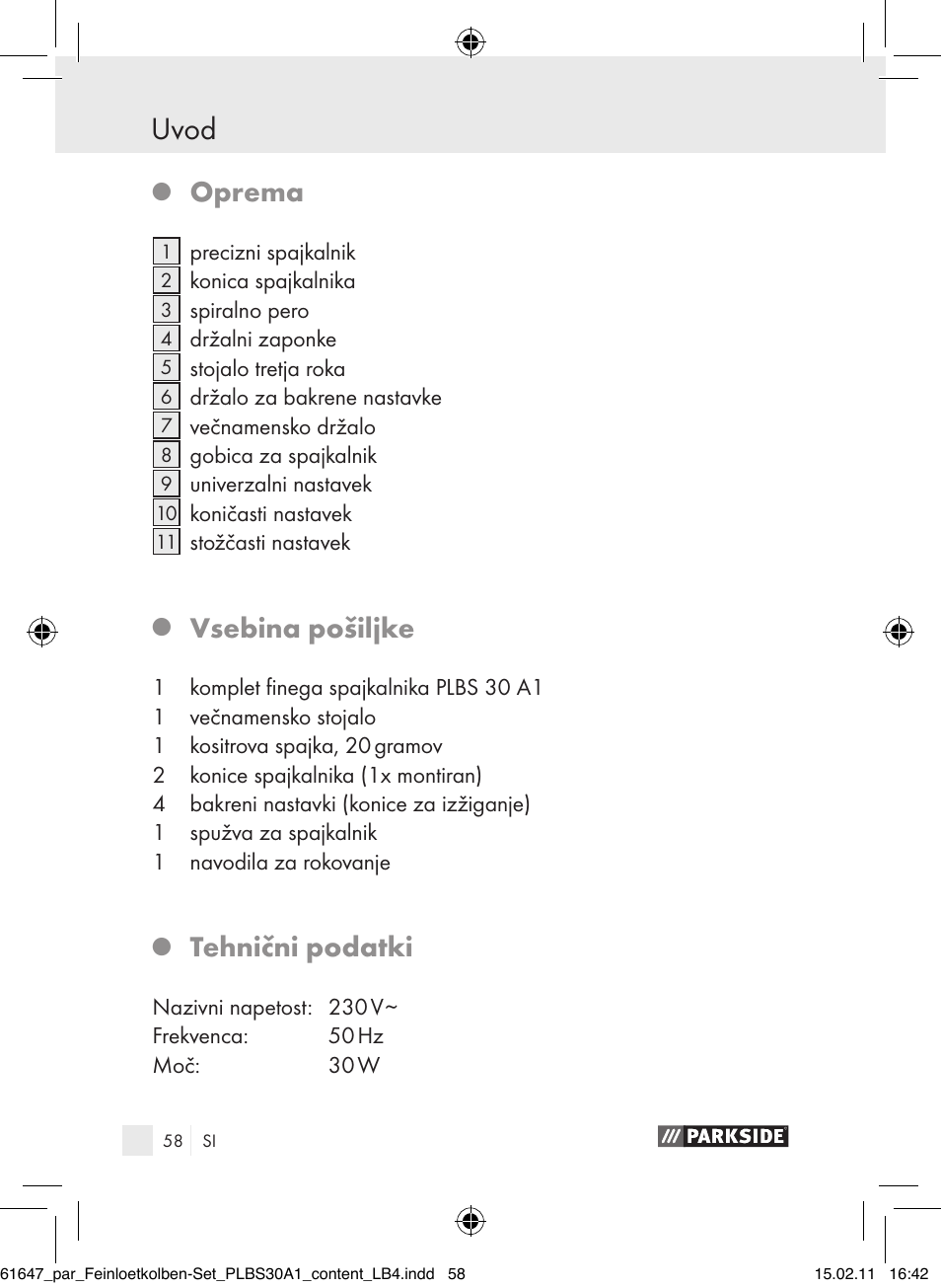 Uvod, Oprema, Vsebina pošiljke | Tehnični podatki | Parkside PLBS 30 A1 User Manual | Page 57 / 121