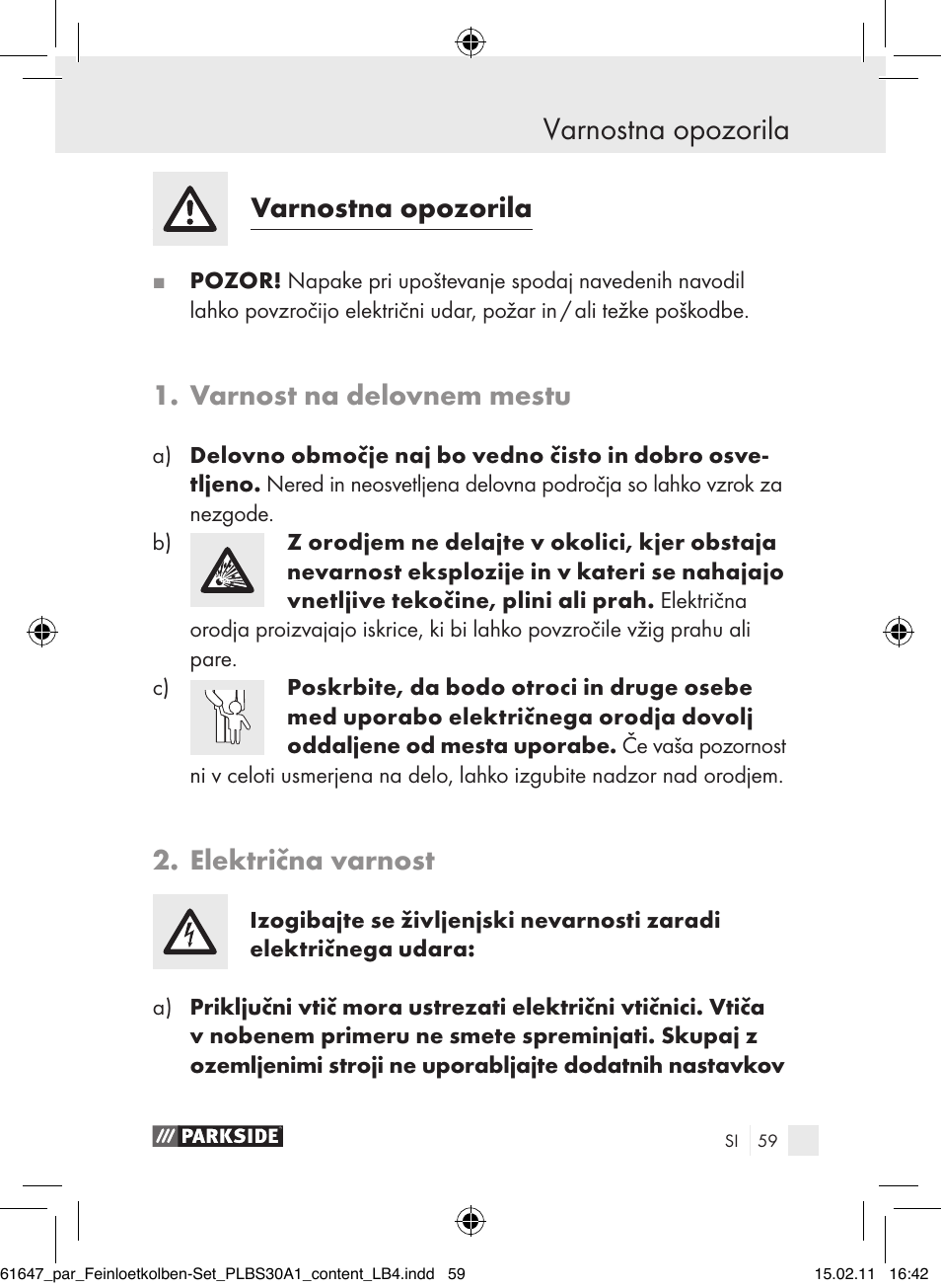 Varnostna opozorila, Varnost na delovnem mestu, Električna varnost | Parkside PLBS 30 A1 User Manual | Page 58 / 121