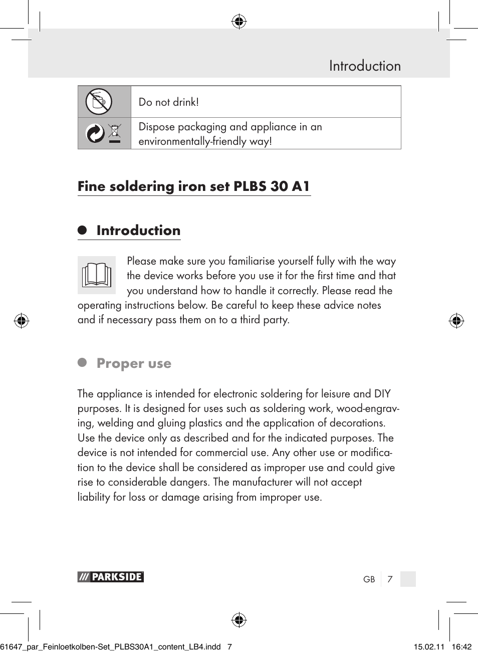 Introduction, Fine soldering iron set plbs 30 a1, Proper use | Parkside PLBS 30 A1 User Manual | Page 6 / 121