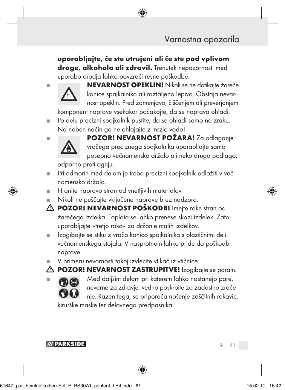 Varnostna opozorila | Parkside PLBS 30 A1 User Manual | Page 60 / 121