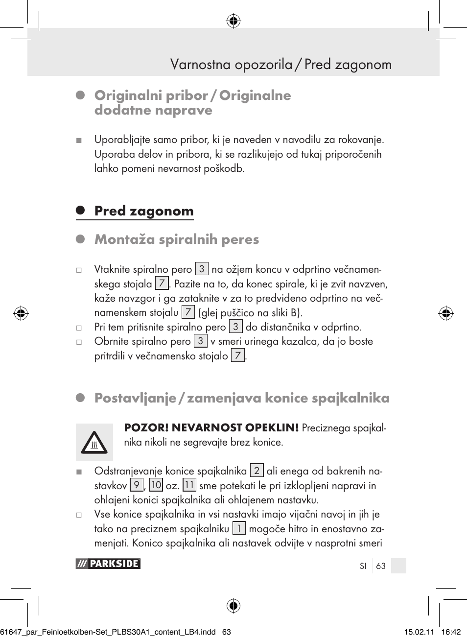 Varnostna opozorila / pred zagonom, Originalni pribor / originalne dodatne naprave, Pred zagonom | Montaža spiralnih peres, Postavljanje / zamenjava konice spajkalnika | Parkside PLBS 30 A1 User Manual | Page 62 / 121