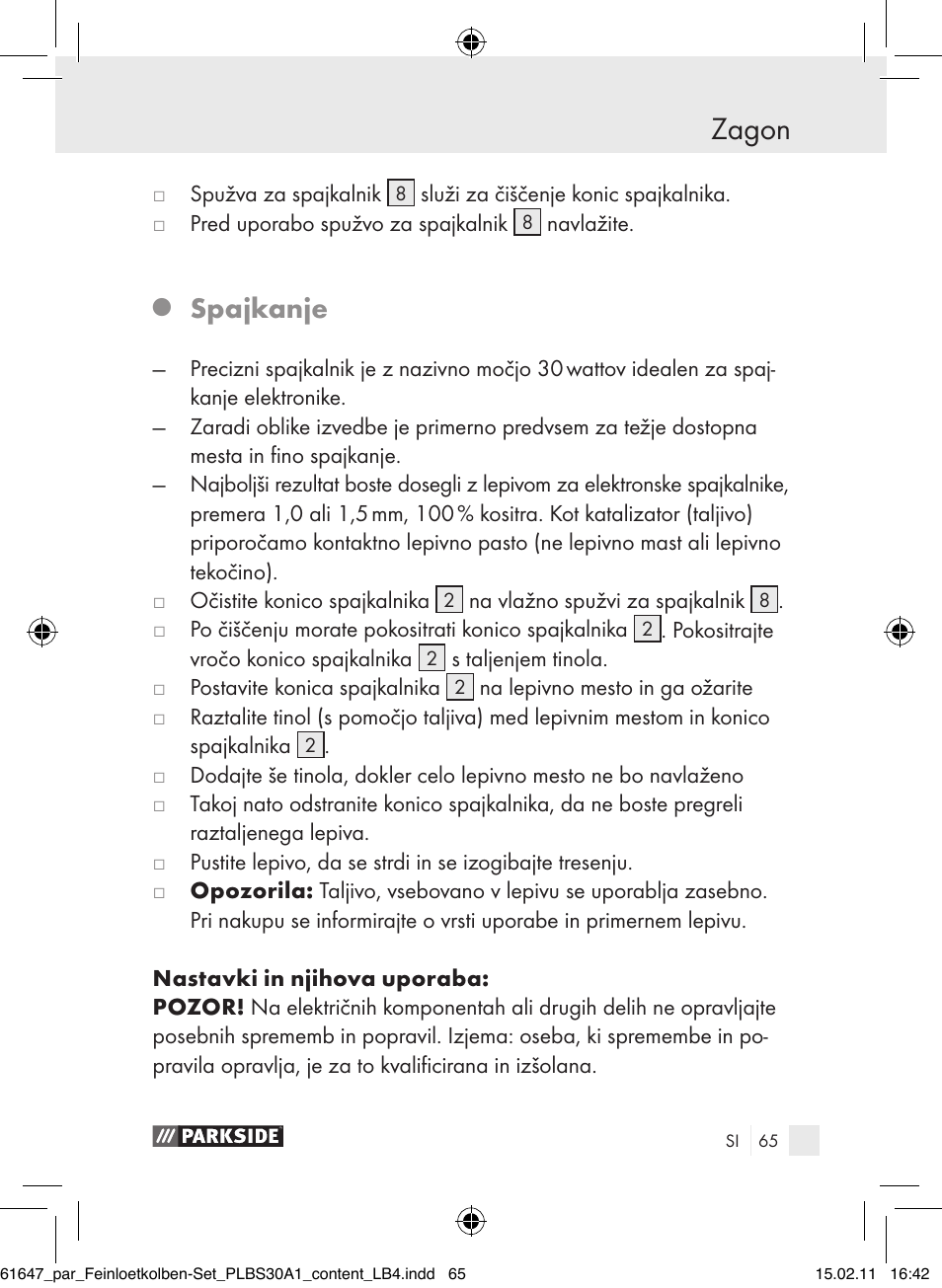 Zagon, Spajkanje | Parkside PLBS 30 A1 User Manual | Page 64 / 121