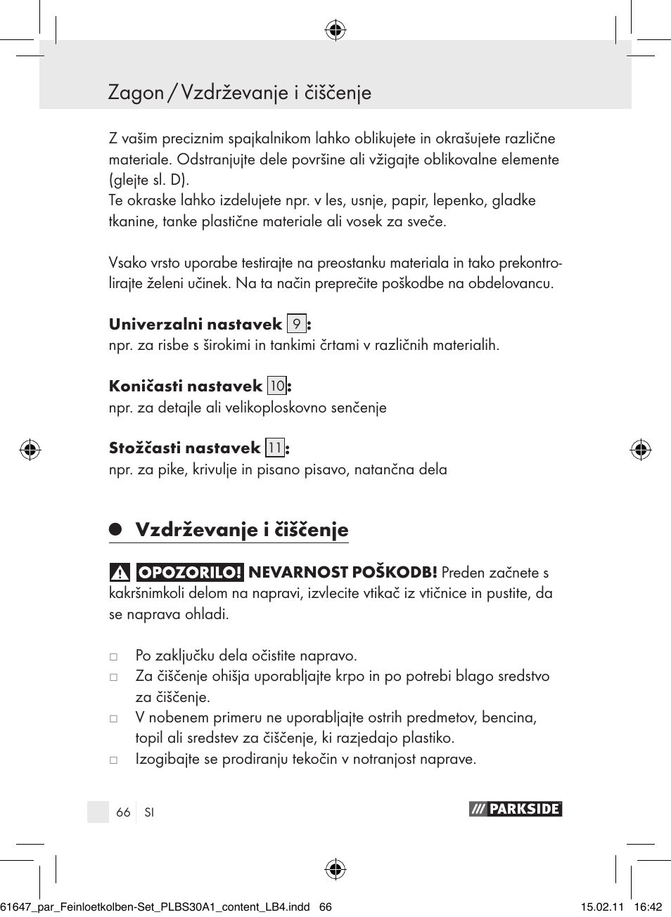 Zagon / vzdrževanje i čiščenje, Vzdrževanje i čiščenje | Parkside PLBS 30 A1 User Manual | Page 65 / 121