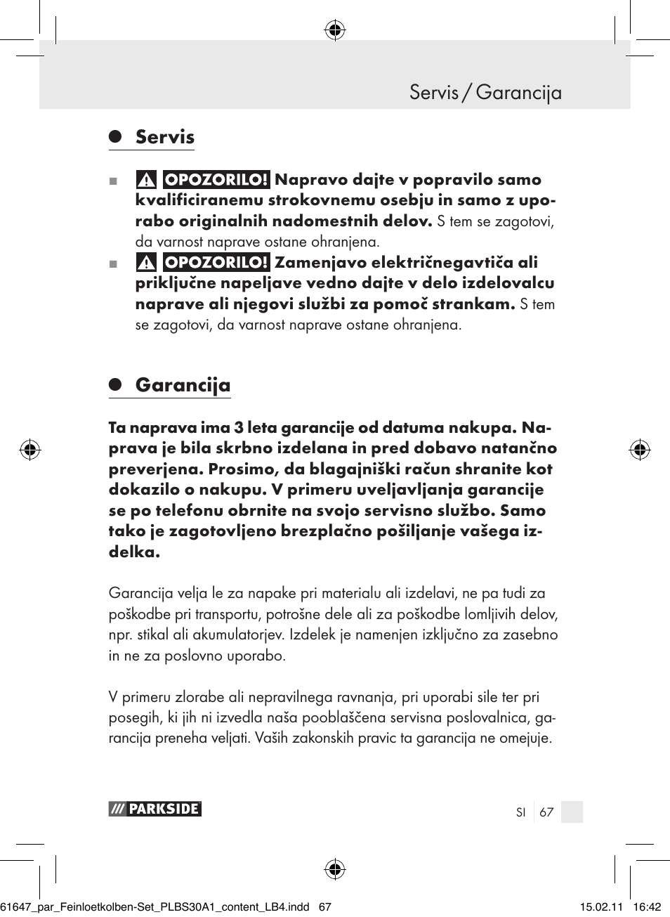 Servis / garancija, Servis, Garancija | Parkside PLBS 30 A1 User Manual | Page 66 / 121