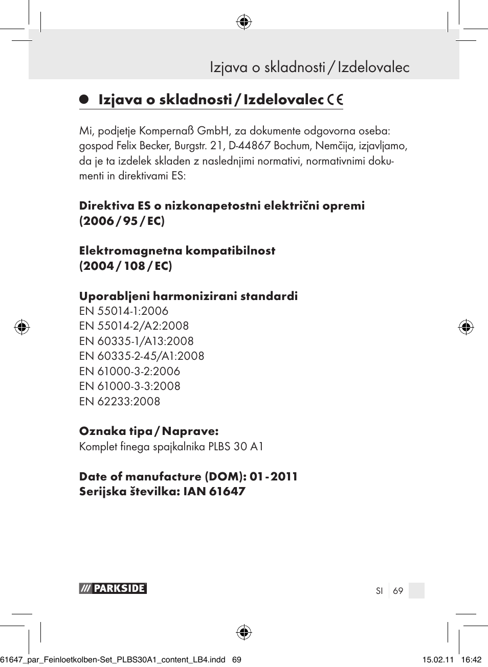 Izjava o skladnosti / izdelovalec | Parkside PLBS 30 A1 User Manual | Page 68 / 121