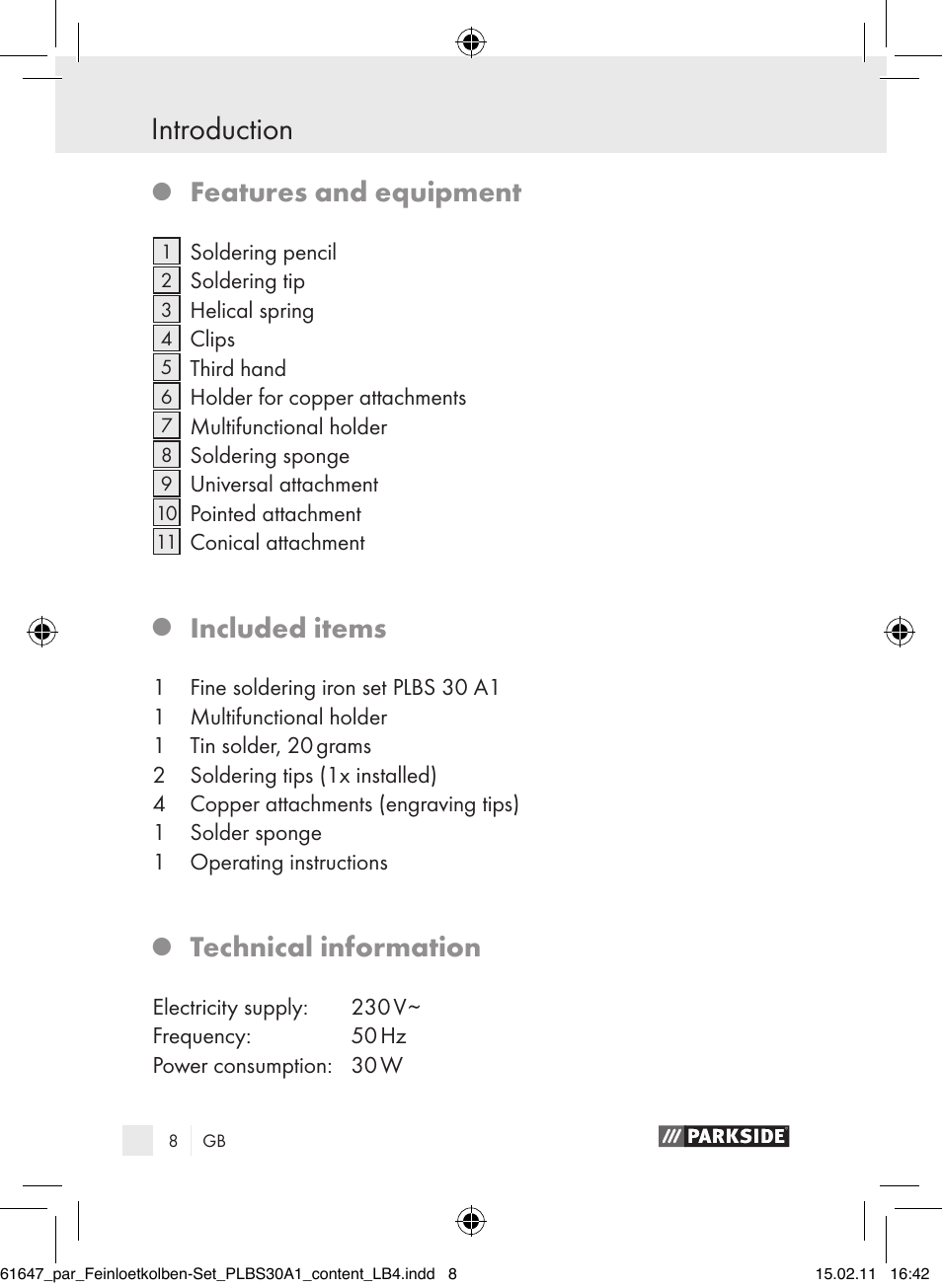 Introduction, Features and equipment, Included items | Technical information | Parkside PLBS 30 A1 User Manual | Page 7 / 121