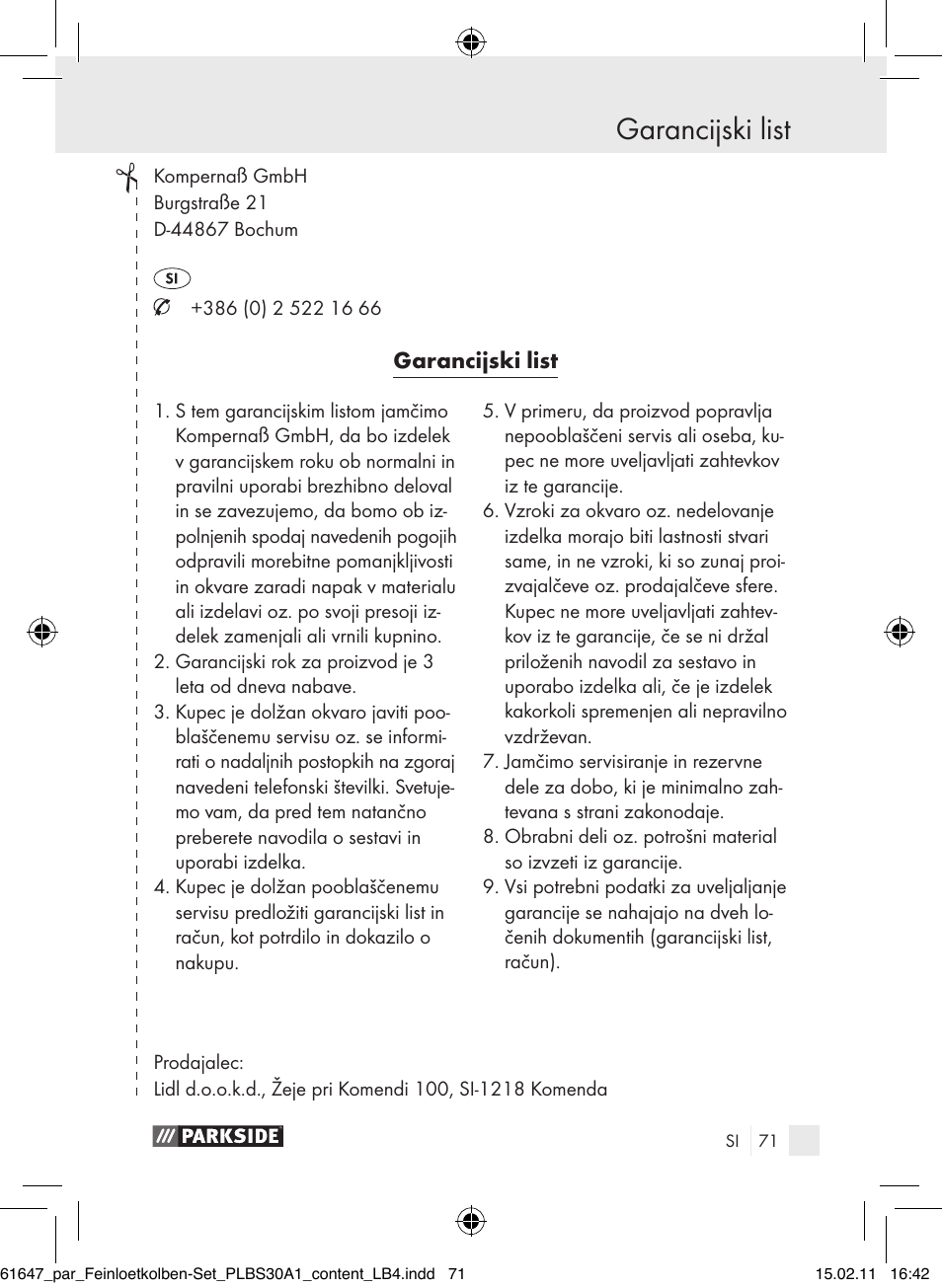 Garancijski list | Parkside PLBS 30 A1 User Manual | Page 70 / 121