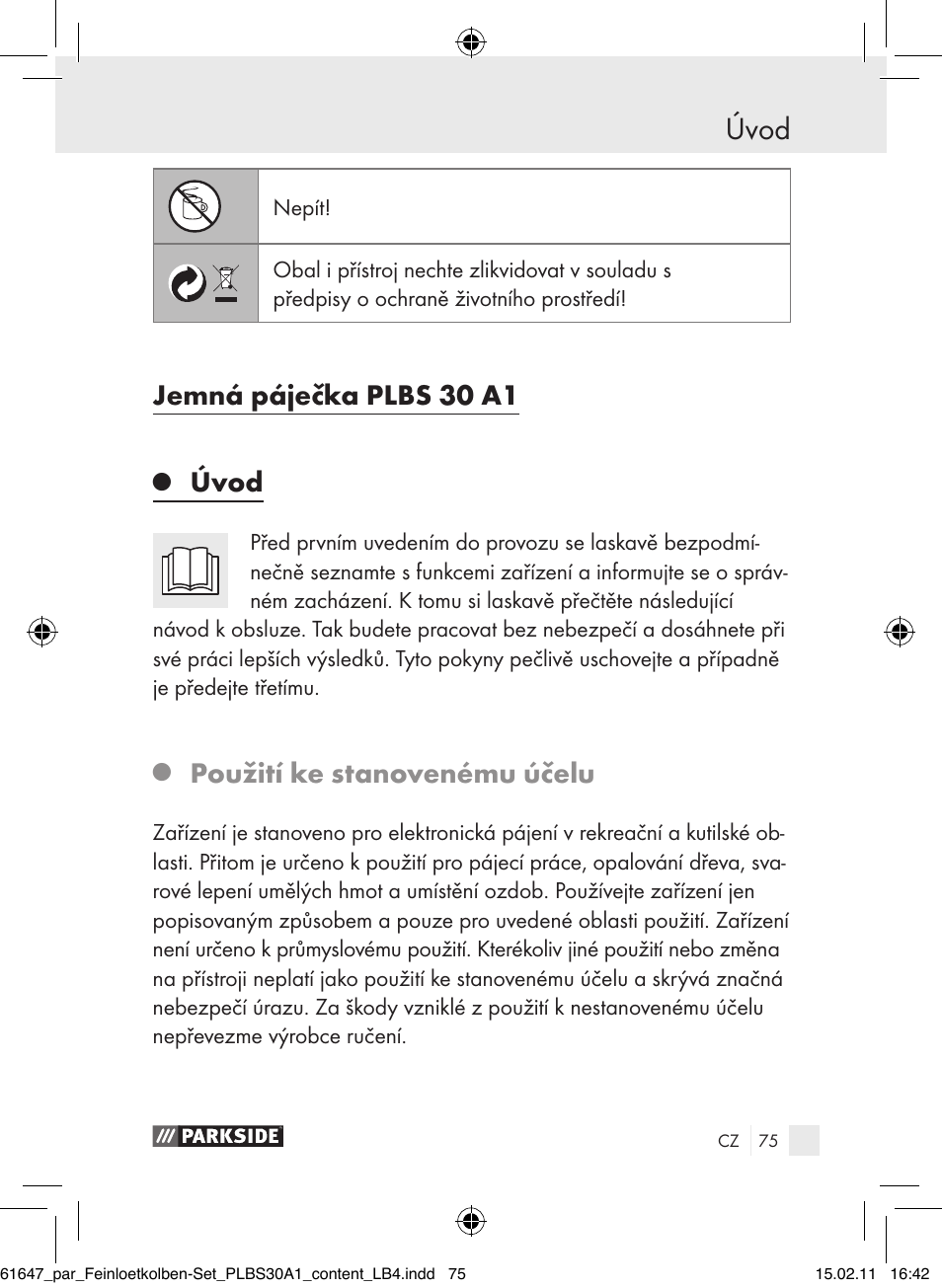 Úvod, Jemná páječka plbs 30 a1, Použití ke stanovenému účelu | Parkside PLBS 30 A1 User Manual | Page 74 / 121