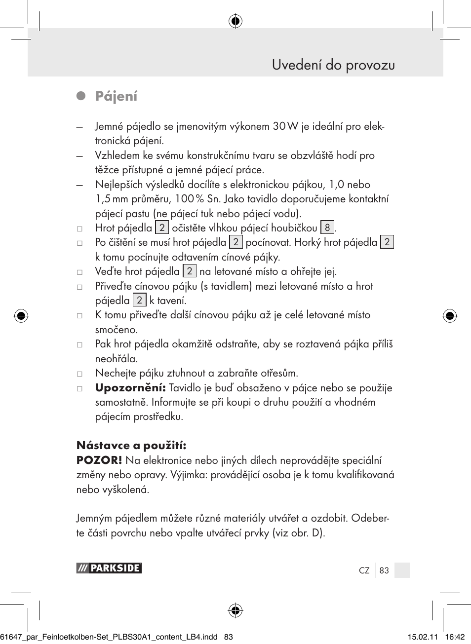 Uvedení do provozu, Pájení | Parkside PLBS 30 A1 User Manual | Page 82 / 121