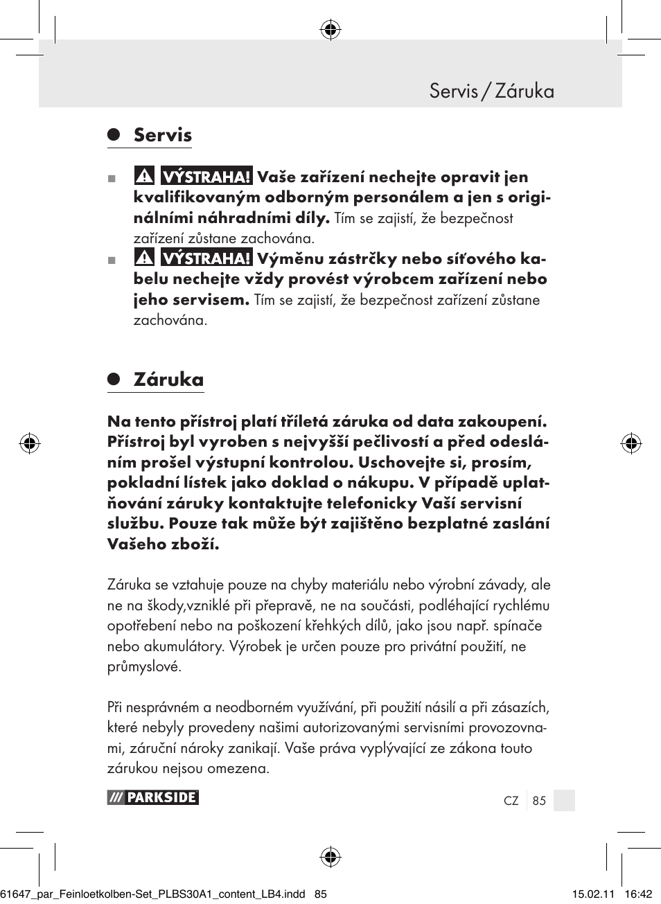 Servis / záruka, Servis, Záruka | Parkside PLBS 30 A1 User Manual | Page 84 / 121