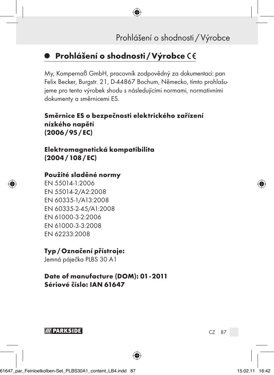 Prohlášení o shodnosti / výrobce | Parkside PLBS 30 A1 User Manual | Page 86 / 121