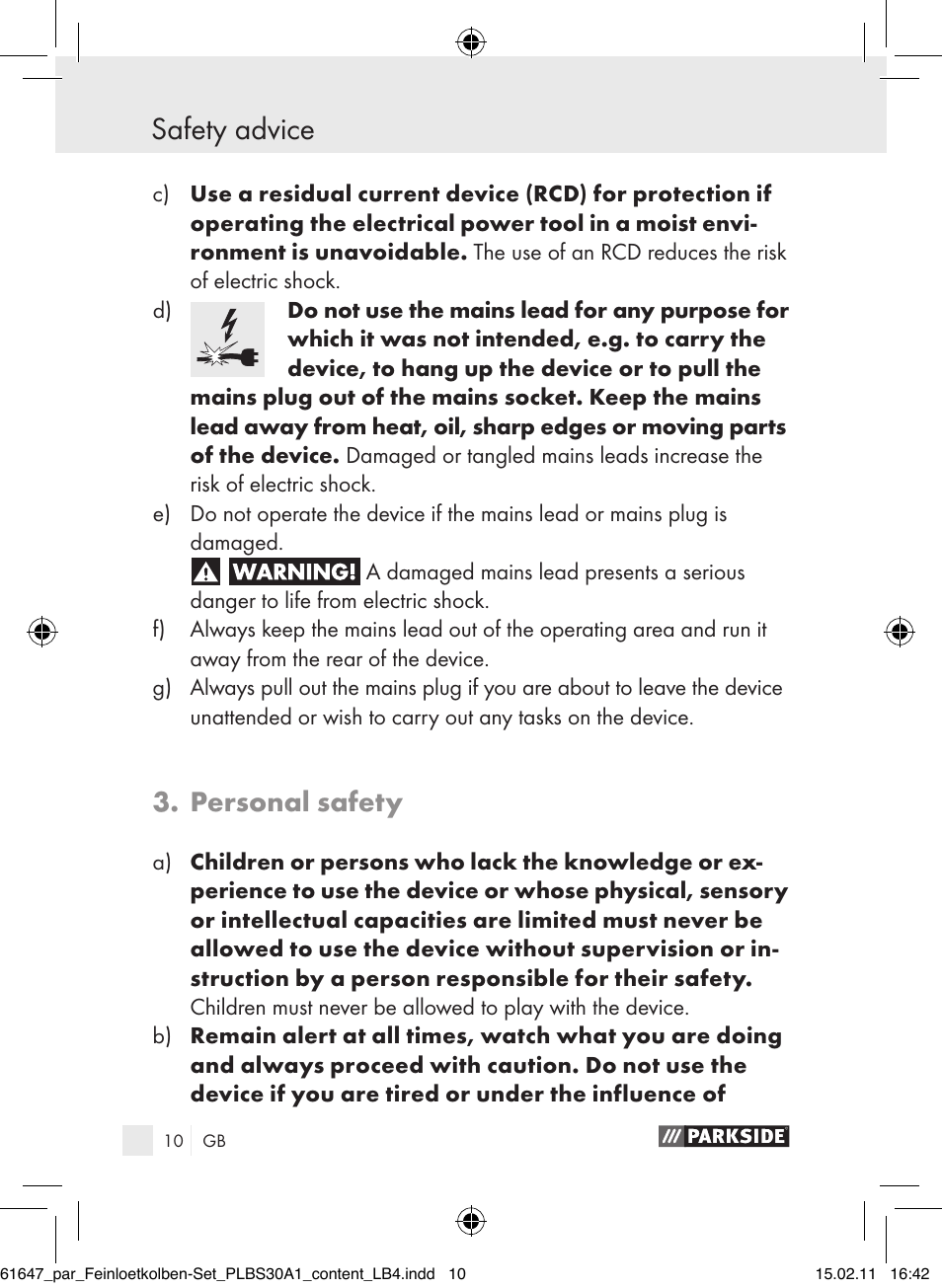 Safety advice, Personal safety | Parkside PLBS 30 A1 User Manual | Page 9 / 121