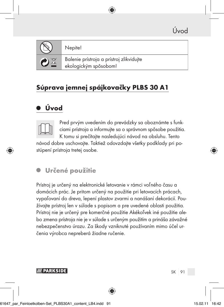 Úvod, Súprava jemnej spájkovačky plbs 30 a1, Určené použitie | Parkside PLBS 30 A1 User Manual | Page 90 / 121