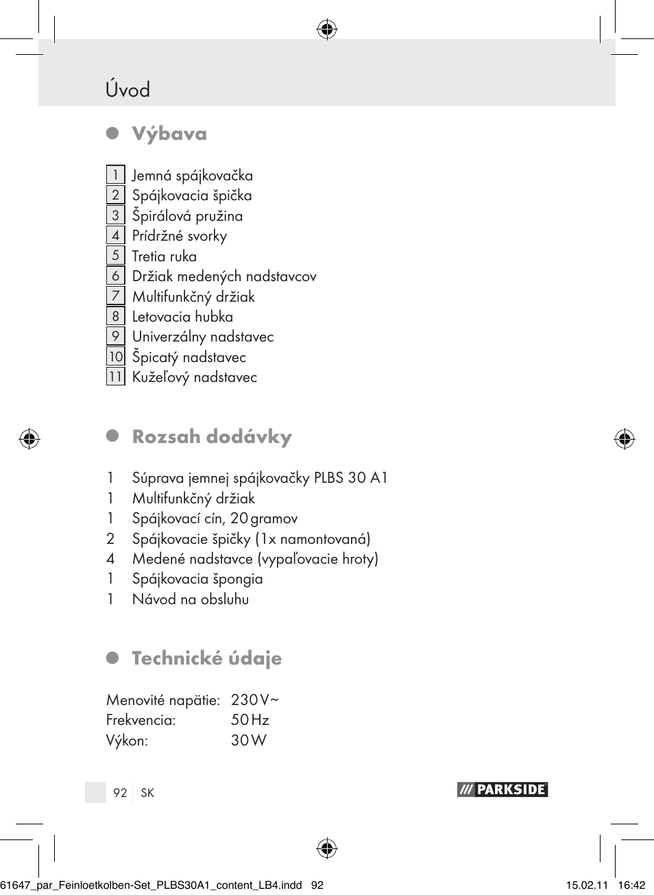 Úvod, Výbava, Rozsah dodávky | Technické údaje | Parkside PLBS 30 A1 User Manual | Page 91 / 121