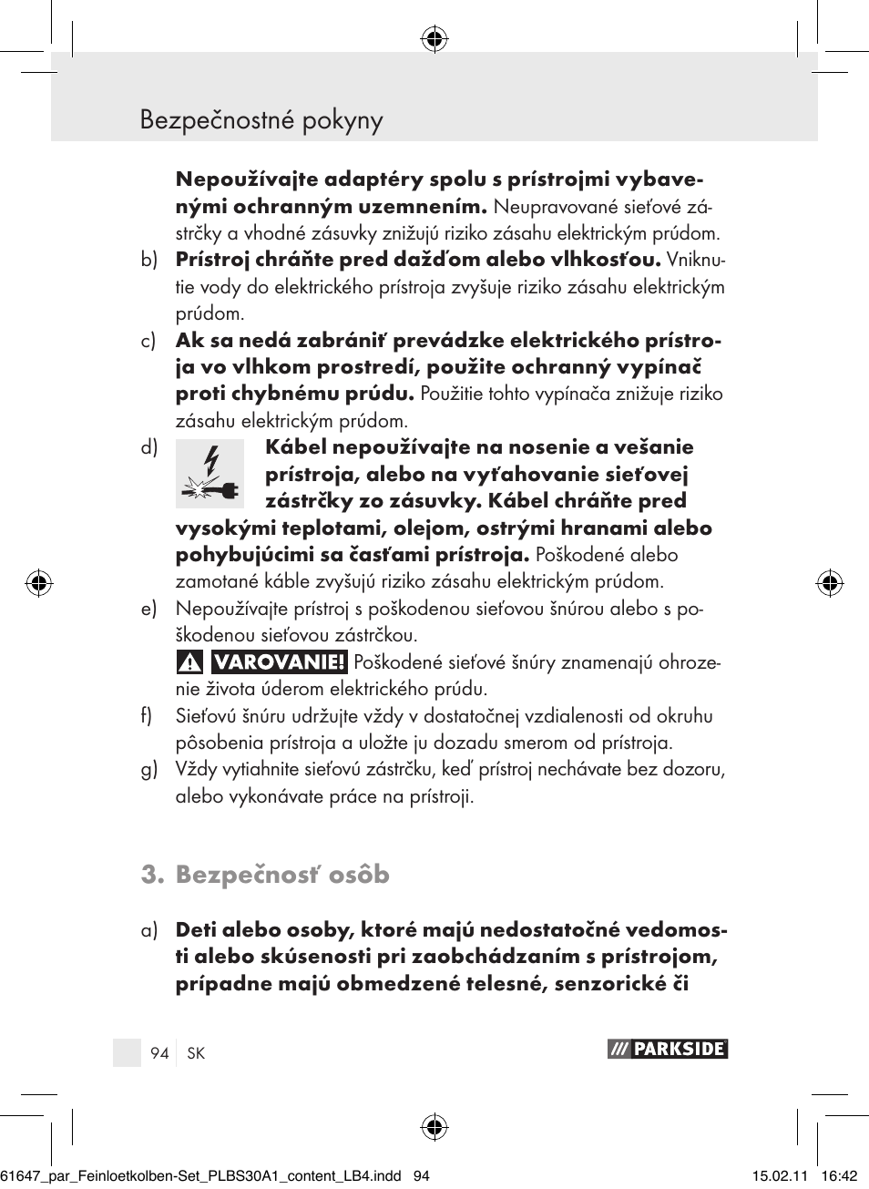 Bezpečnostné pokyny, Bezpečnosť osôb | Parkside PLBS 30 A1 User Manual | Page 93 / 121