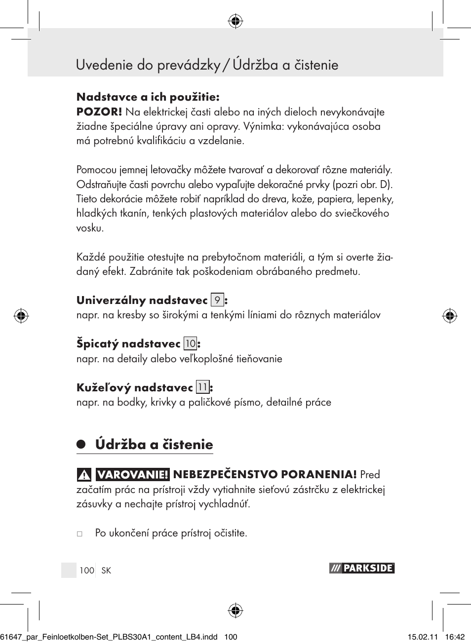 Uvedenie do prevádzky / údržba a čistenie, Údržba a čistenie | Parkside PLBS 30 A1 User Manual | Page 99 / 121