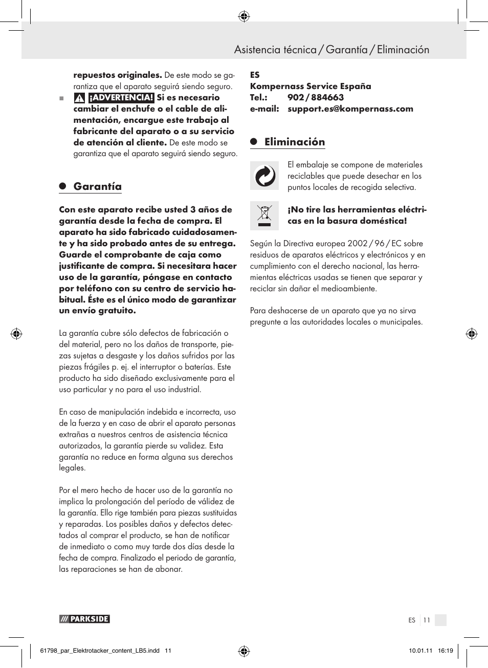 Garantía, Eliminación | Parkside PET 25 A1 User Manual | Page 10 / 44