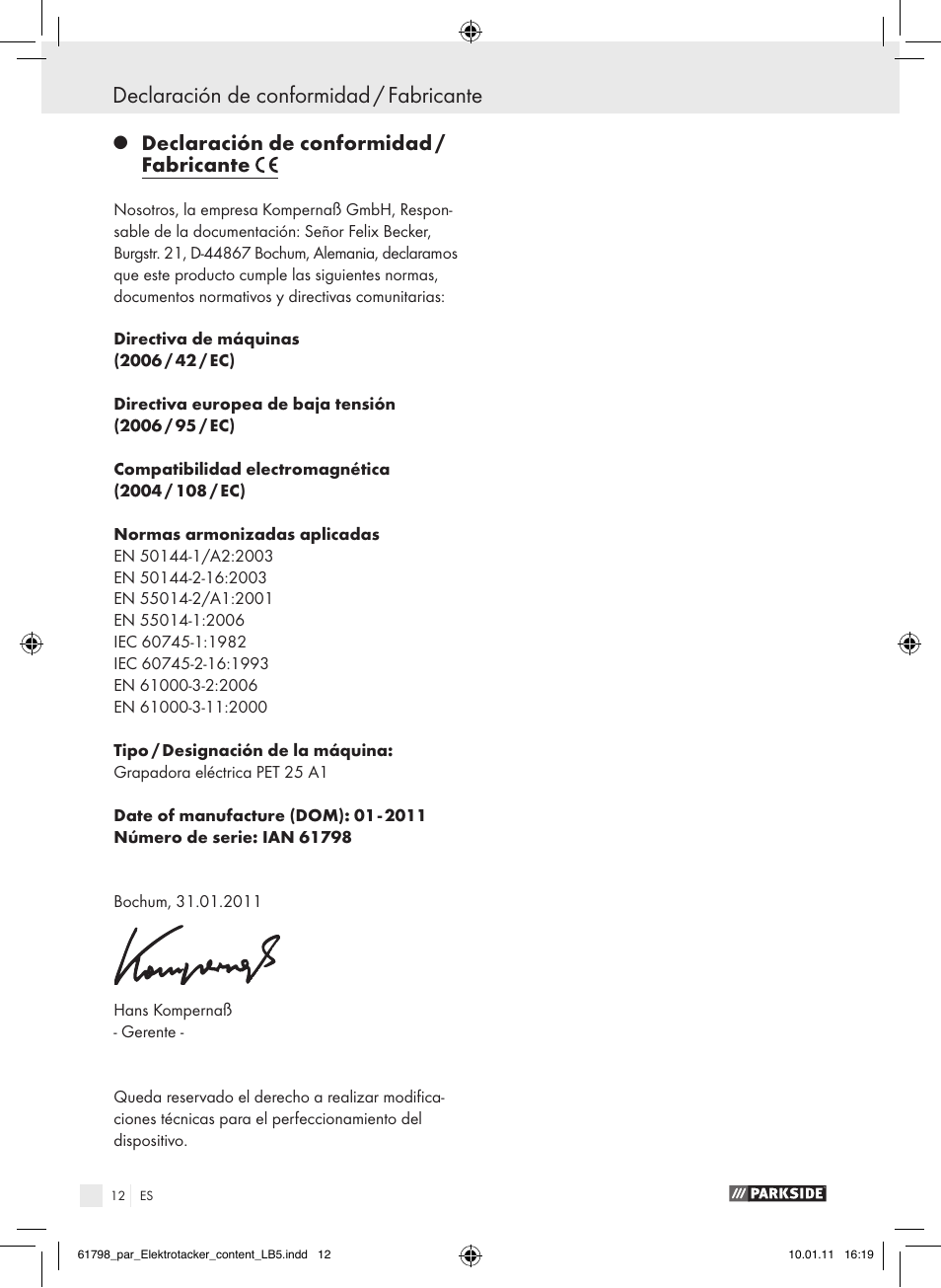 Declaración de conformidad / fabricante | Parkside PET 25 A1 User Manual | Page 11 / 44