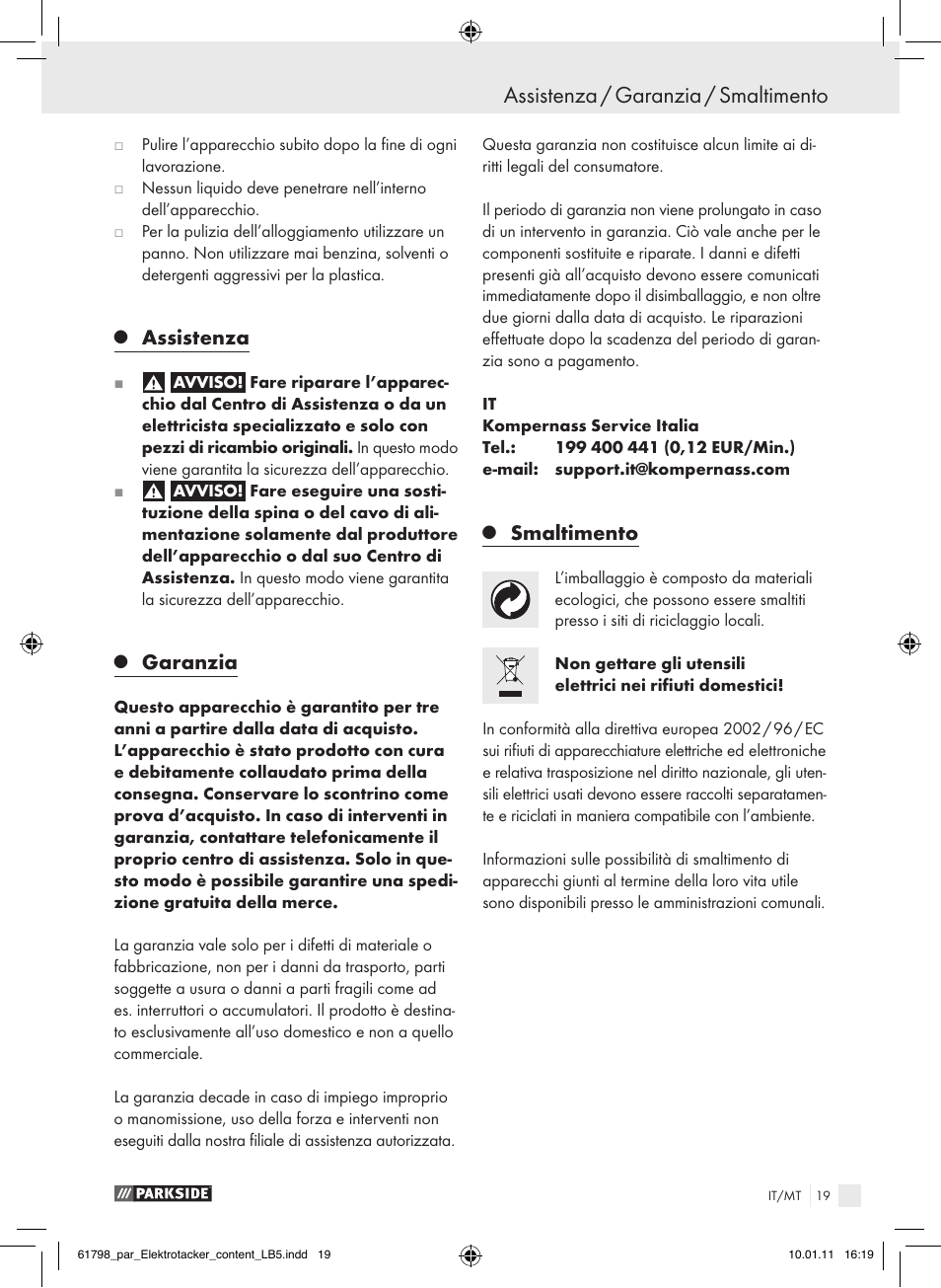 Assistenza / garanzia / smaltimento, Assistenza, Garanzia | Smaltimento | Parkside PET 25 A1 User Manual | Page 18 / 44