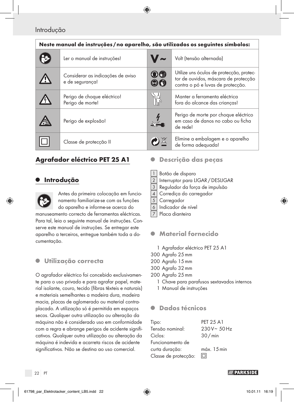 Introdução, Agrafador eléctrico pet 25 a1, Utilização correcta | Descrição das peças, Material fornecido, Dados técnicos | Parkside PET 25 A1 User Manual | Page 21 / 44