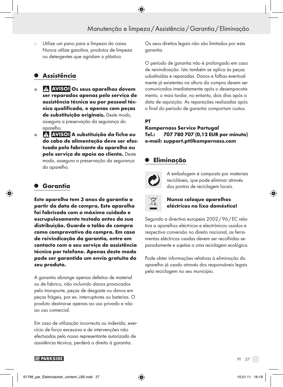 Assistência, Garantia, Eliminação | Parkside PET 25 A1 User Manual | Page 26 / 44