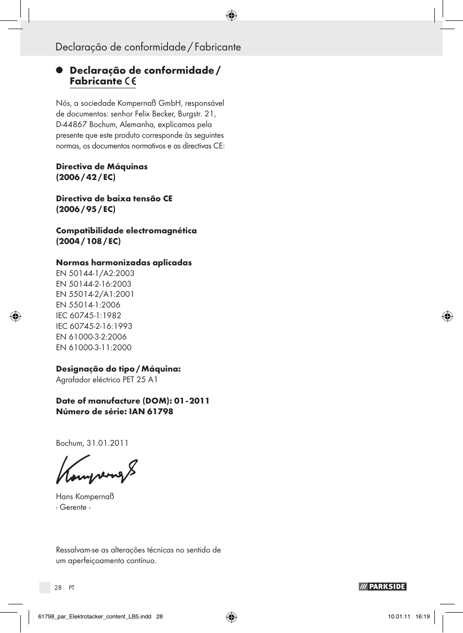 Declaração de conformidade / fabricante | Parkside PET 25 A1 User Manual | Page 27 / 44