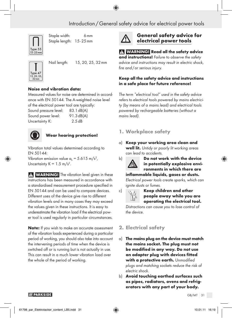 General safety advice for electrical power tools, Workplace safety, Electrical safety | Parkside PET 25 A1 User Manual | Page 30 / 44