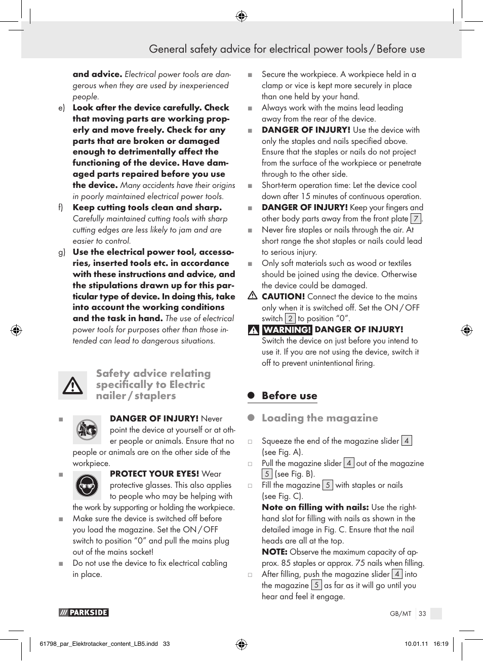 Before use, Loading the magazine | Parkside PET 25 A1 User Manual | Page 32 / 44
