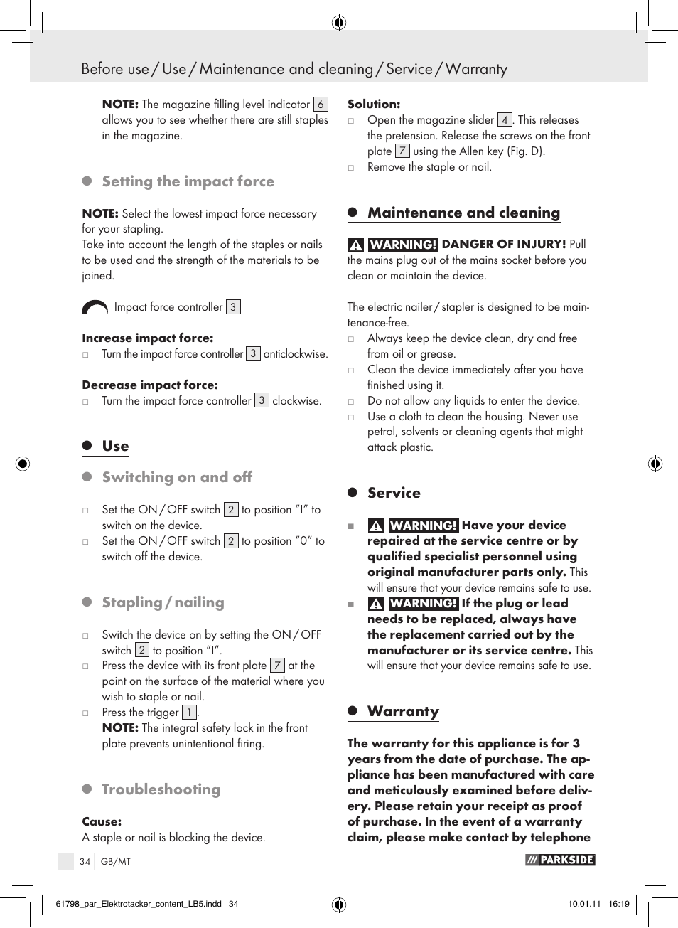 Setting the impact force, Switching on and off, Stapling / nailing | Troubleshooting, Maintenance and cleaning, Service, Warranty | Parkside PET 25 A1 User Manual | Page 33 / 44