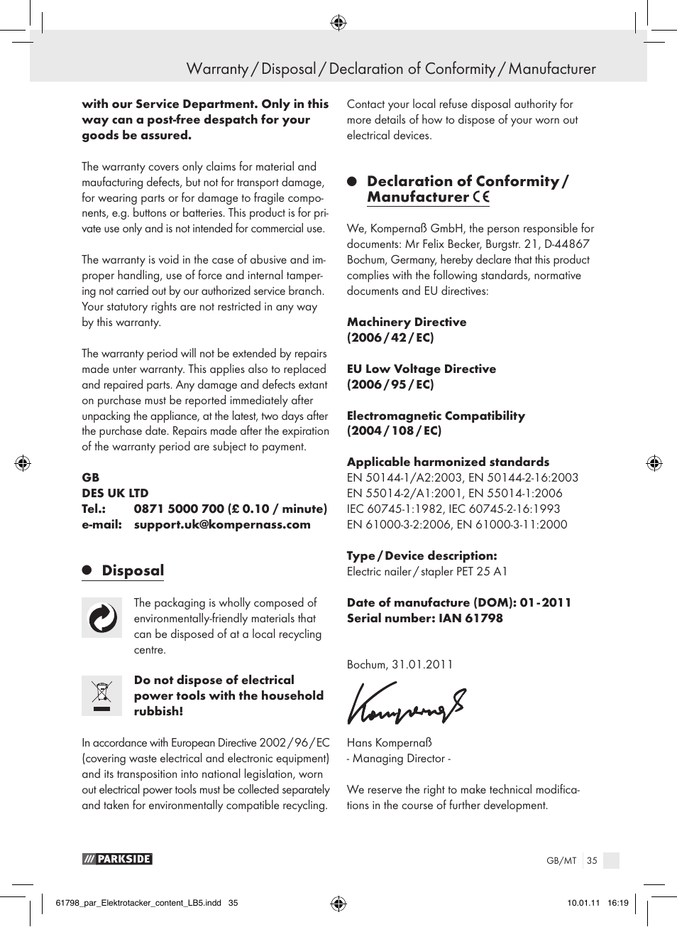 Disposal, Declaration of conformity / manufacturer | Parkside PET 25 A1 User Manual | Page 34 / 44