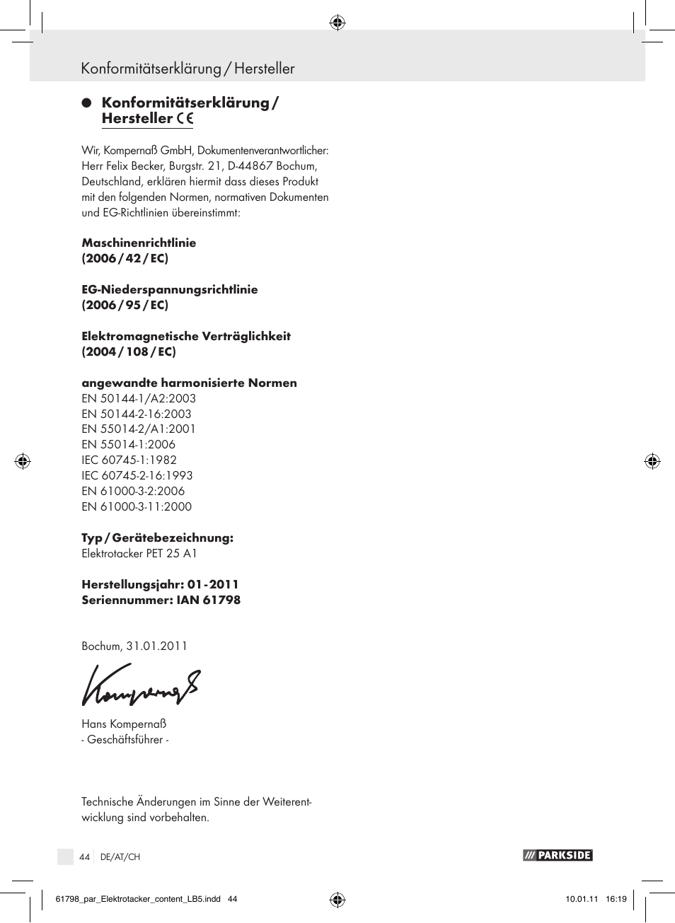 Konformitätserklärung / hersteller | Parkside PET 25 A1 User Manual | Page 43 / 44