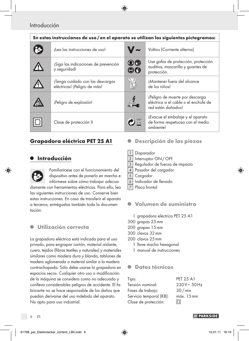 Introducción, Grapadora eléctrica pet 25 a1, Utilización correcta | Descripción de las piezas, Volumen de suministro, Datos técnicos | Parkside PET 25 A1 User Manual | Page 5 / 44