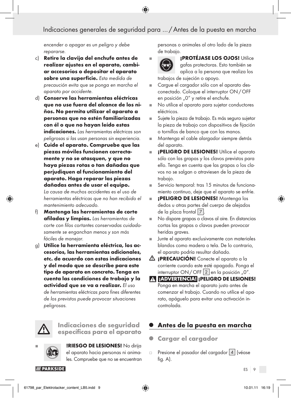 Antes de la puesta en marcha, Cargar el cargador | Parkside PET 25 A1 User Manual | Page 8 / 44