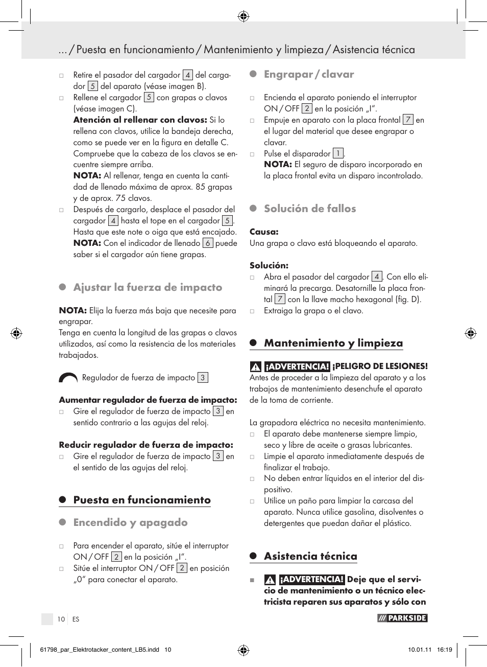 Ajustar la fuerza de impacto, Puesta en funcionamiento, Encendido y apagado | Engrapar / clavar, Solución de fallos, Mantenimiento y limpieza, Asistencia técnica | Parkside PET 25 A1 User Manual | Page 9 / 44