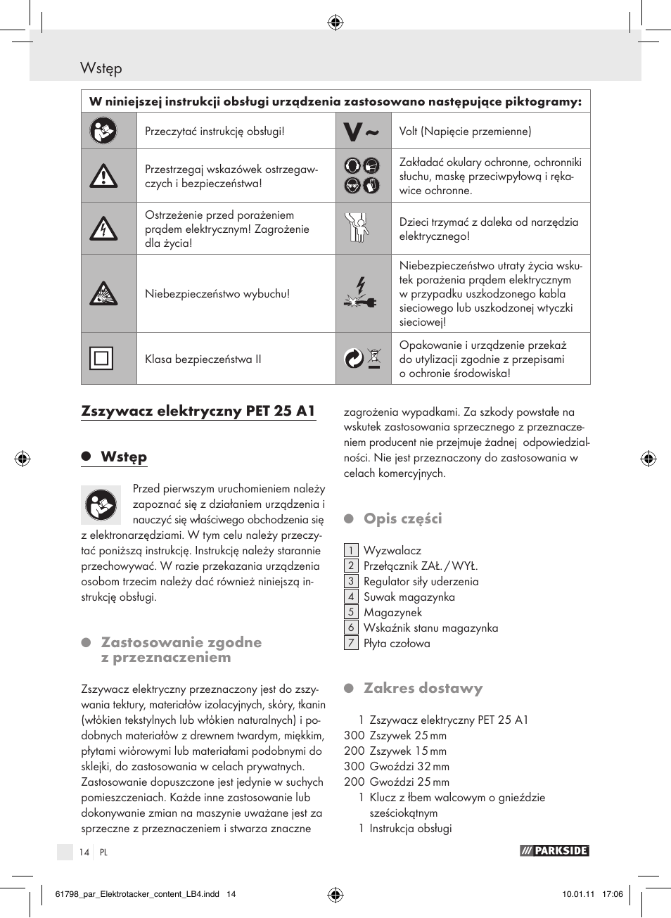 Wstęp, Zszywacz elektryczny pet 25 a1, Zastosowanie zgodne z przeznaczeniem | Opis części, Zakres dostawy | Parkside PET 25 A1 User Manual | Page 13 / 60