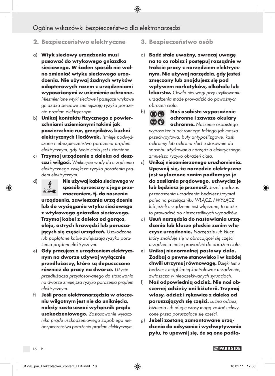 Bezpieczeństwo elektryczne, Bezpieczeństwo osób | Parkside PET 25 A1 User Manual | Page 15 / 60