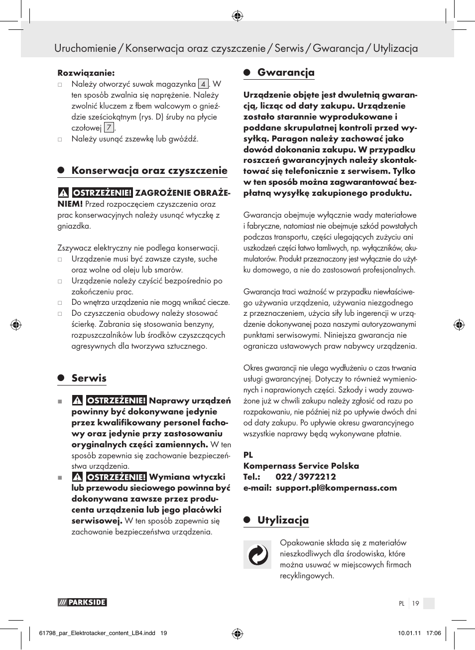 Konserwacja oraz czyszczenie, Serwis, Gwarancja | Utylizacja | Parkside PET 25 A1 User Manual | Page 18 / 60