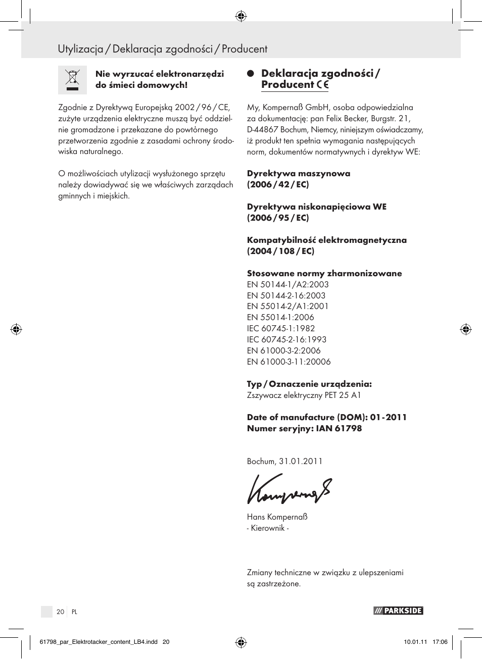 Utylizacja / deklaracja zgodności / producent, Tartalomjegyzék, Deklaracja zgodności / producent | Parkside PET 25 A1 User Manual | Page 19 / 60