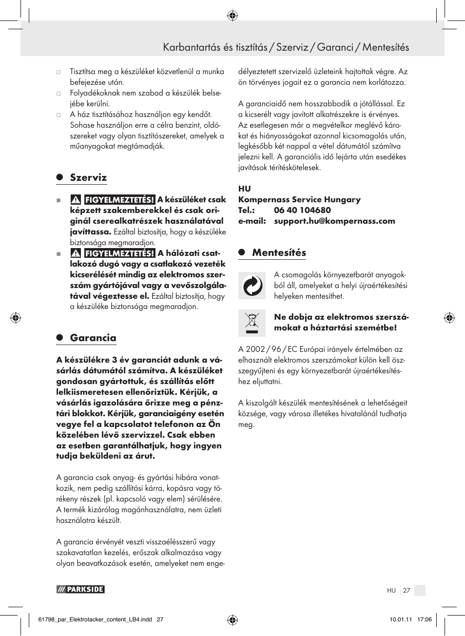 Szerviz, Garancia, Mentesítés | Parkside PET 25 A1 User Manual | Page 26 / 60
