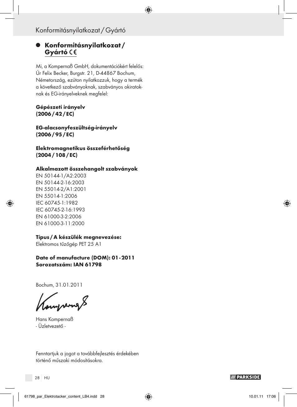 Konformitásnyilatkozat / gyártó, Kazalo | Parkside PET 25 A1 User Manual | Page 27 / 60