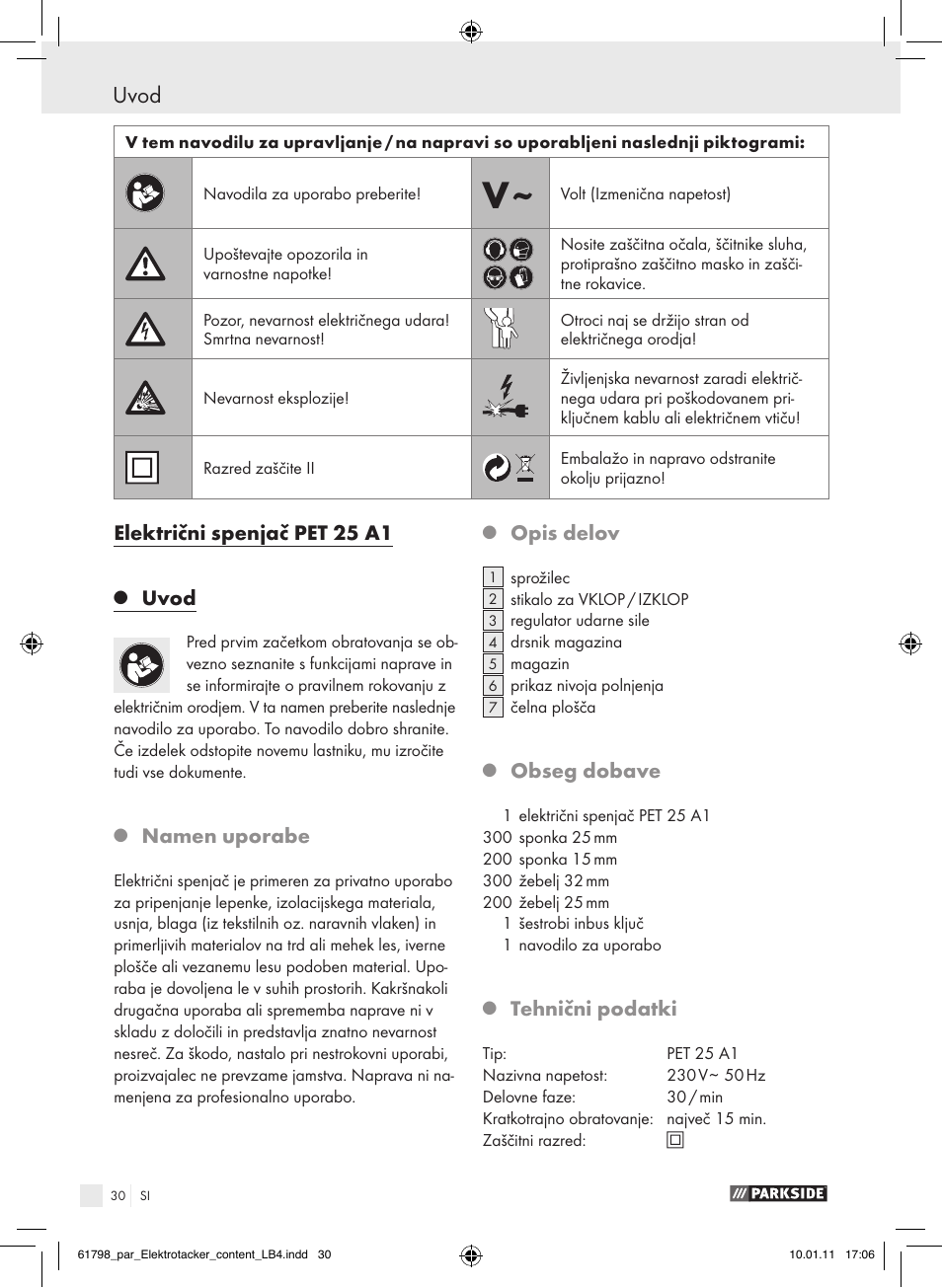 Uvod, Električni spenjač pet 25 a1, Namen uporabe | Opis delov, Obseg dobave, Tehnični podatki | Parkside PET 25 A1 User Manual | Page 29 / 60