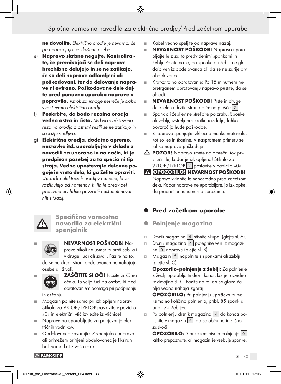 Pred začetkom uporabe, Polnjenje magazina | Parkside PET 25 A1 User Manual | Page 32 / 60