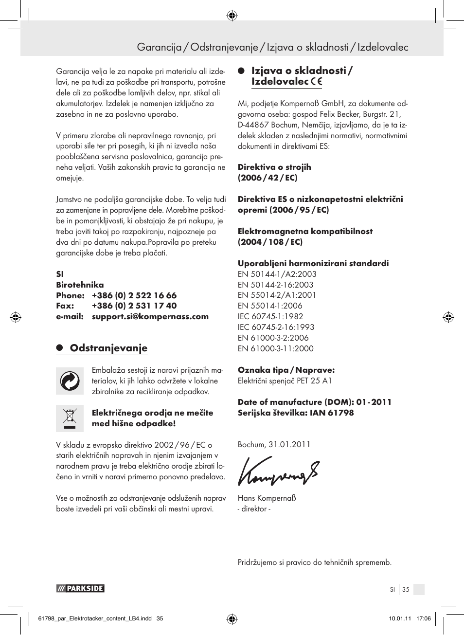 Odstranjevanje, Izjava o skladnosti / izdelovalec | Parkside PET 25 A1 User Manual | Page 34 / 60