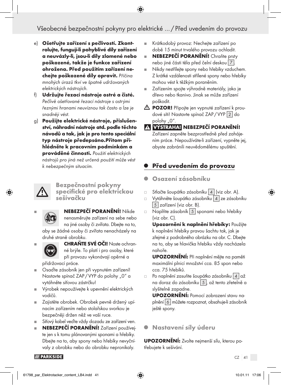 Před uvedením do provozu, Osazení zásobníku, Nastavení síly úderu | Parkside PET 25 A1 User Manual | Page 40 / 60